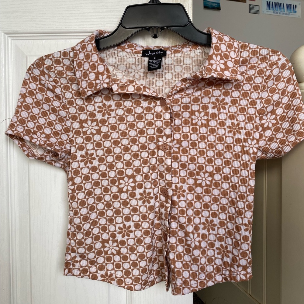 Brown Pattern Polo Crop Top